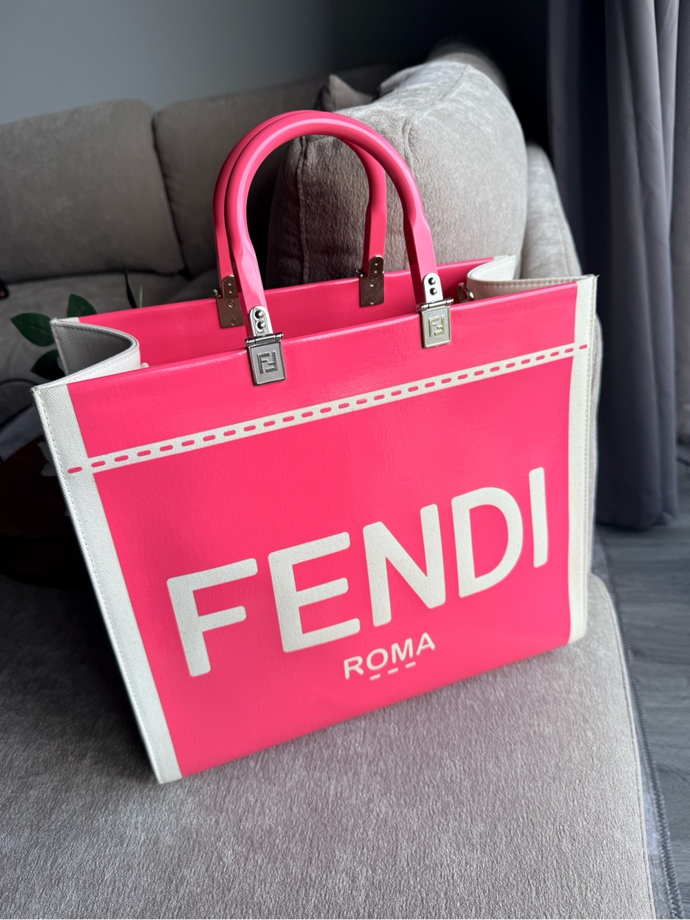 Fendi Pink and White Roma Medium Sunshine Canvas Tote Authentic
